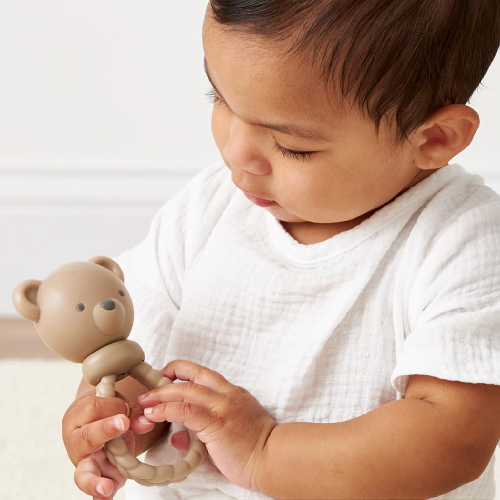 Itzy Ritzy Silicone Rattle Toy - Soothing Teething Toy with Soft Jingle Sound & Easy-Grip Textured Handle - for Ages 3 Months and Up (Bear)