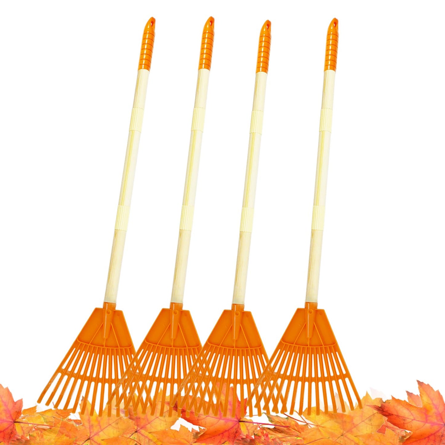 CHEERBANK 4Pcs Kid Rakes, 31" Child Size Plastic Lawn Rakes for Leaves Wooden Handle, Great Gardening Tools Gifts for Boys Girls Age 3 Year Old and Up
