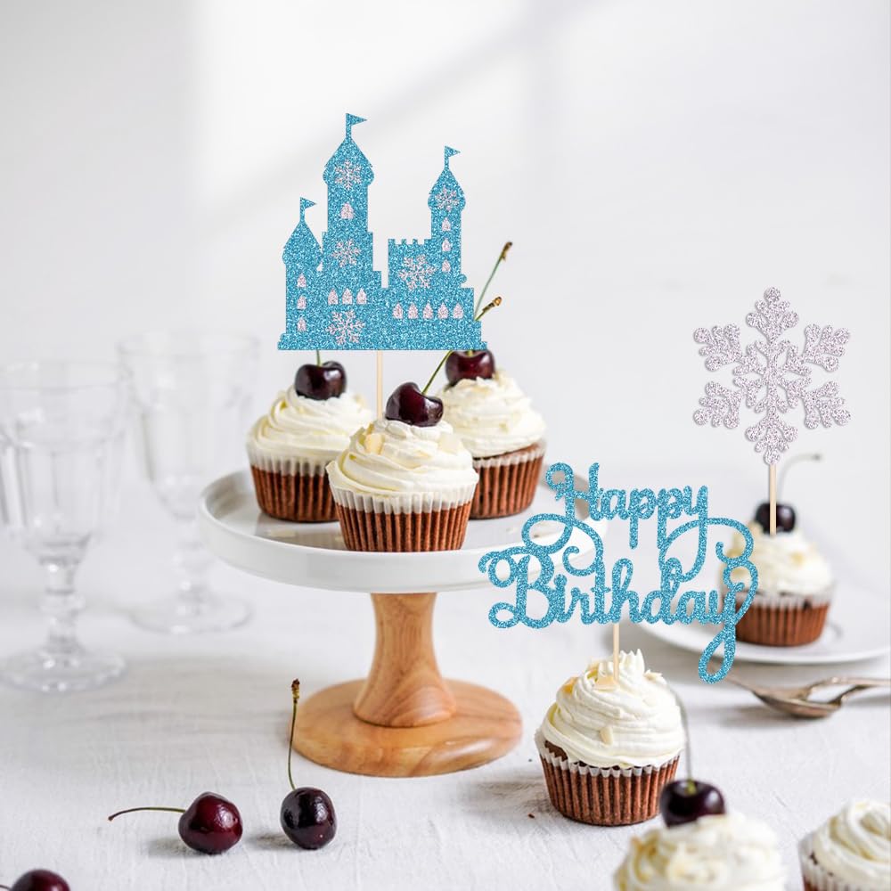 Qertesl Frozen Castle Birthday Cake Topper,3Pcs Winter Wonderland Themed