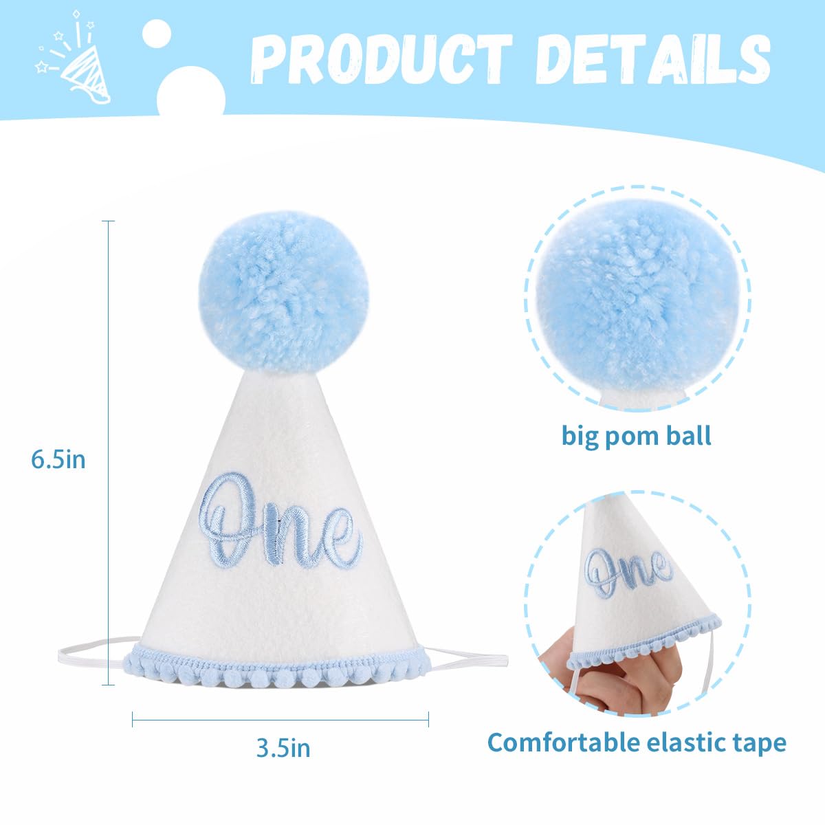 Kaniwati Baby 1st Birthday Party Crown, Pink Birthday Embroidered Party Hat, Blue One Party Hat For Boys (BULE-ONE-CXMZ)