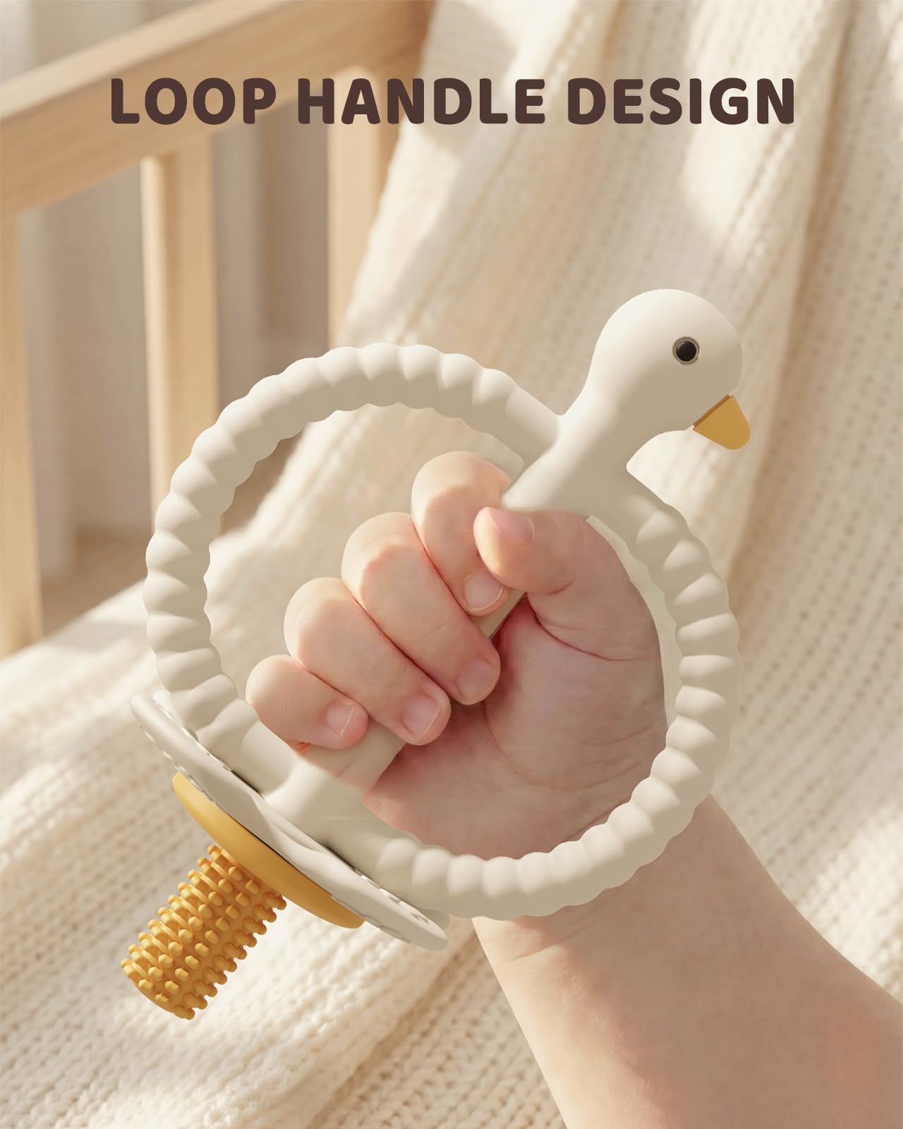 ChooKaChoo Baby Teether Toy and Training Toothbrush, Duck Silicone Teething Toys for Babies 3-12 Months, Double Ring Easy-Grip Design, Food-Grade BPA