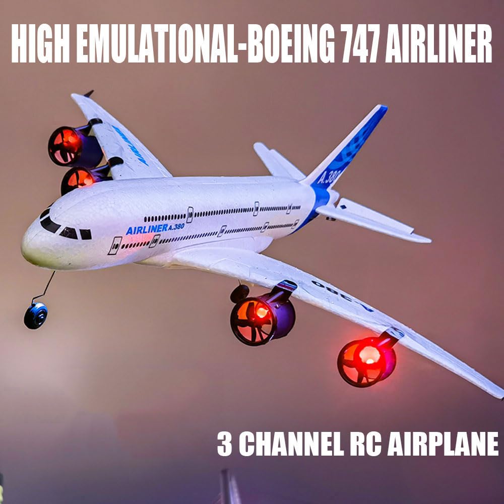 FANXMF RC Airbus 747 A380 2.4G Remote Control Electric Plane Four Motor RC Airplane Toy RC Airliner with LED Lights Drop Resistant Aircraft 2