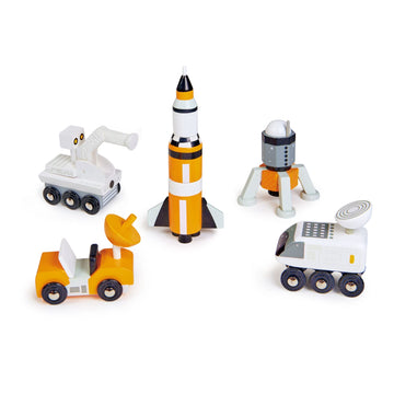 Tender Leaf Toys - Space Voyager Set - 7 Piece Solid Wood Space Vehicle Set with Moving Parts - Boost Imagination and Learn Through Play
