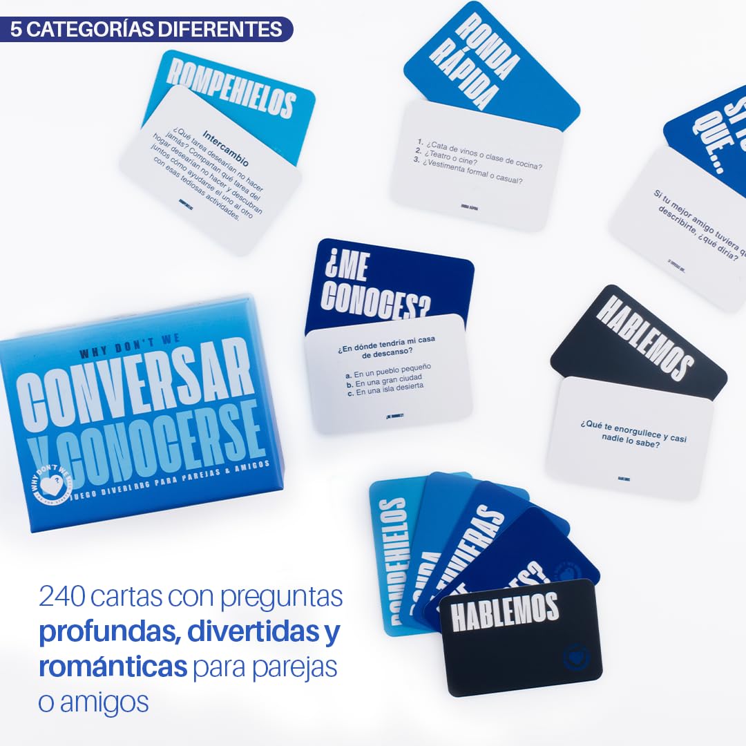 Why Don't We Conversar y Conocerse in Spanish 240 Cards with Questions, Games, Conversations & More. Fun Game for Adults and Gift for Couples.