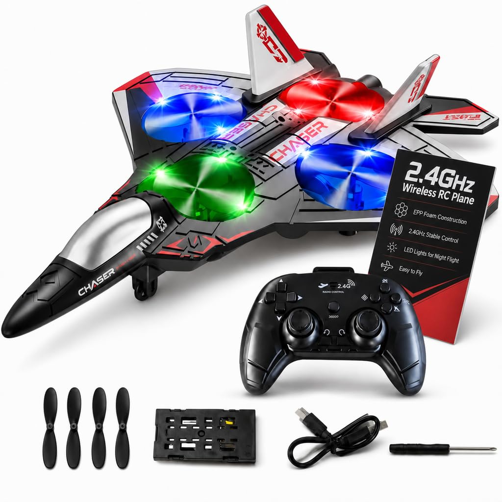 ToyFinity Foam RC Airplane for Kids, Adults and Beginners - LED, 50M