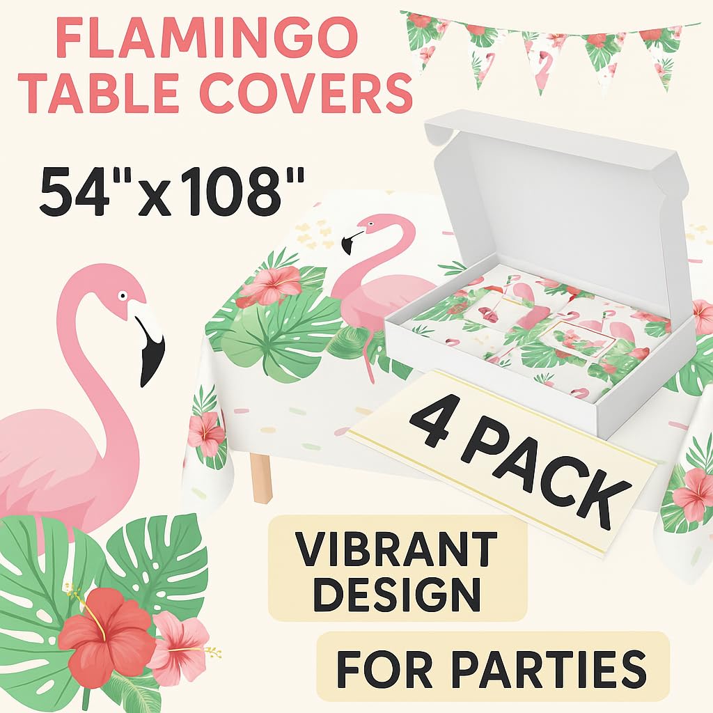 Oojami Flamingo Tablecloths 4 Pack - Tropical Birthday Party Decorations, Hawaiian Luau Plastic Table Covers, Disposable & Waterproof, 54 x 108 Inch