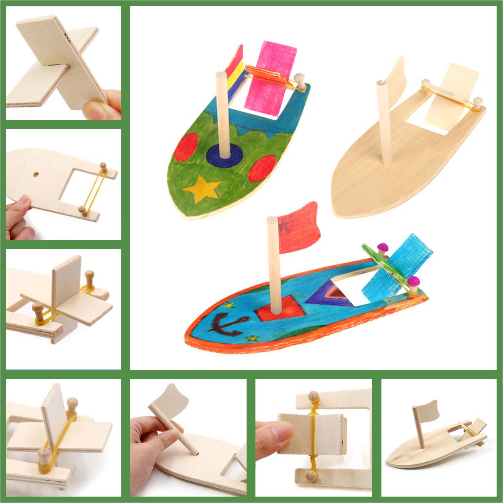 Yimaa 6 Pack DIY Wooden Sailboat Model Kits - Rubber Band Paddle Boat Toys for Kids - Handmade Craft Gift for School Projects