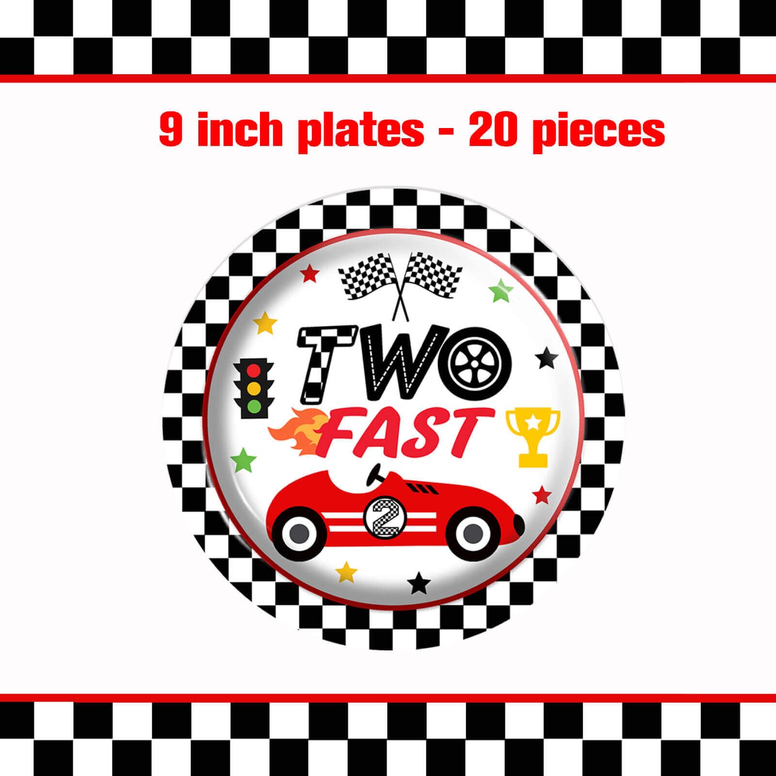 126pcs Race Car 2nd Birthday Party Decorations - White and Black Checkered Racing Car Two Fast Dessert Plates Napkins Cups Straws Table Cloth for Kids