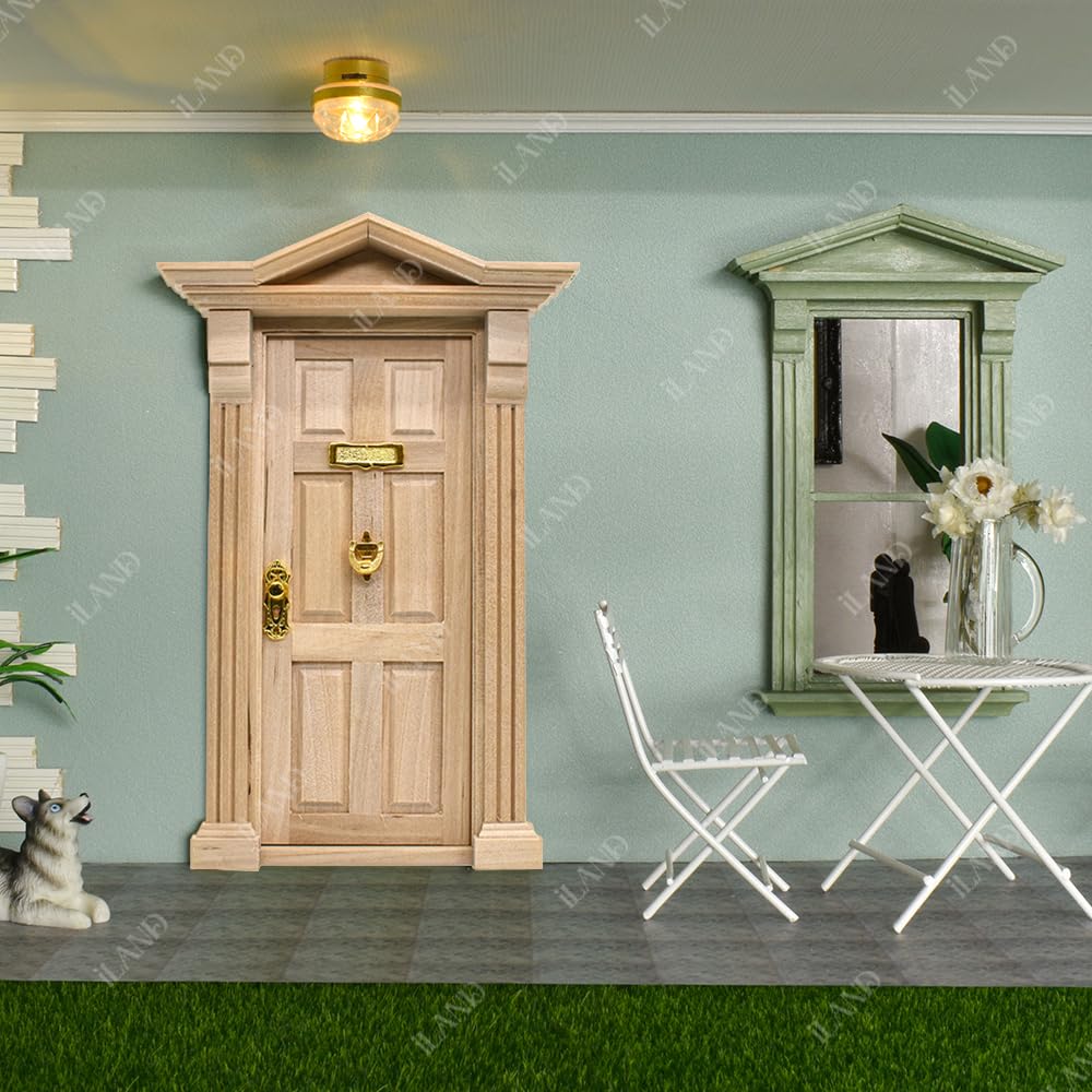 iLAND Classic Wooden Dollhouse Door of 1/12 Scale Accessories, Dollhouse Building Supplies Set of Miniature Door with Trim, Handle & Knocker