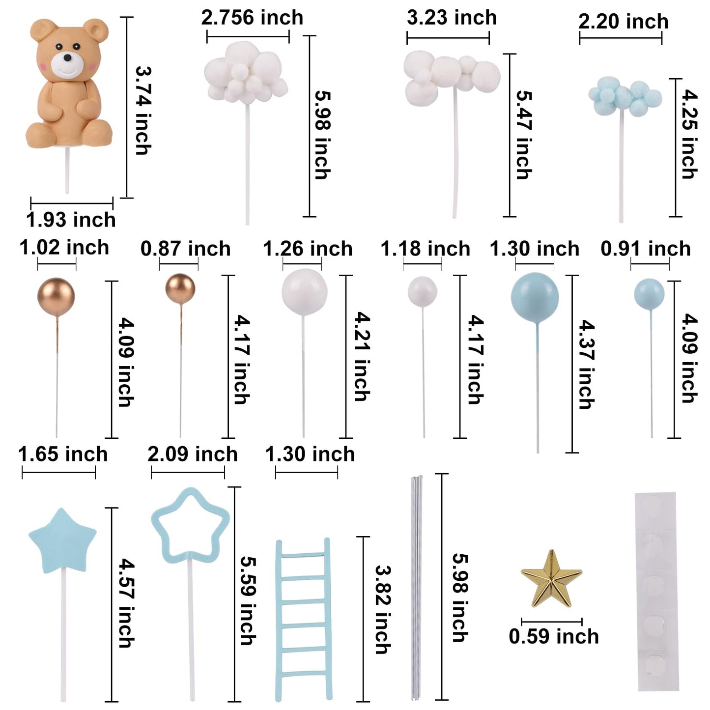 46 PCS 3D Bear Balls Cake Toppers Brown Teddy Bear for Birthday Party Wedding Baby Shower Supplies(Blue)