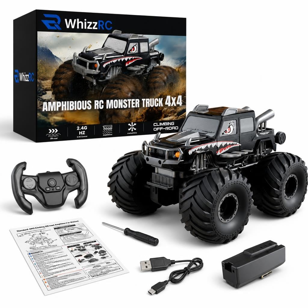 WhizzRC Amphibious Remote Control Car, 1:18 4WD Waterproof Shark Monster Truck, 2.4GHz RC Stunt Car with 360 Spins, Rechargeable Pool & All-Terrain