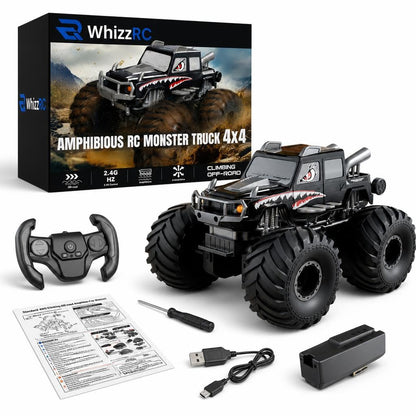 WhizzRC Amphibious Remote Control Car, 1:18 4WD Waterproof Shark Monster Truck, 2.4GHz RC Stunt Car with 360 Spins, Rechargeable Pool & All-Terrain