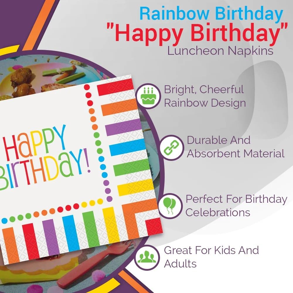 Unique Rainbow Birthday Luncheon Napkins - 16 Count, Elegant & Vibrant Design, Premium Paper Napkins For Parties & Events