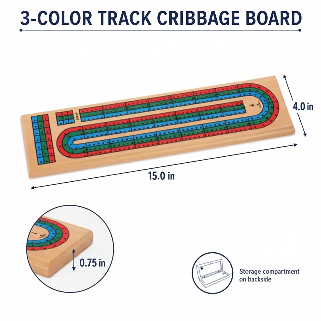 Wooden 3 Track Cribbage Board with 9 Matching Plastic Pegs, Classic Three-Player Cribbage Game Board with Screen Printed Red, Green and Blue Tracks