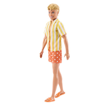 Barbie Fashionistas Style Ken Doll #252 with Blond Hair, Wearing Orange and Yellow Polka-Dot Board Shorts with Yellow and White Striped Shirt, Orange