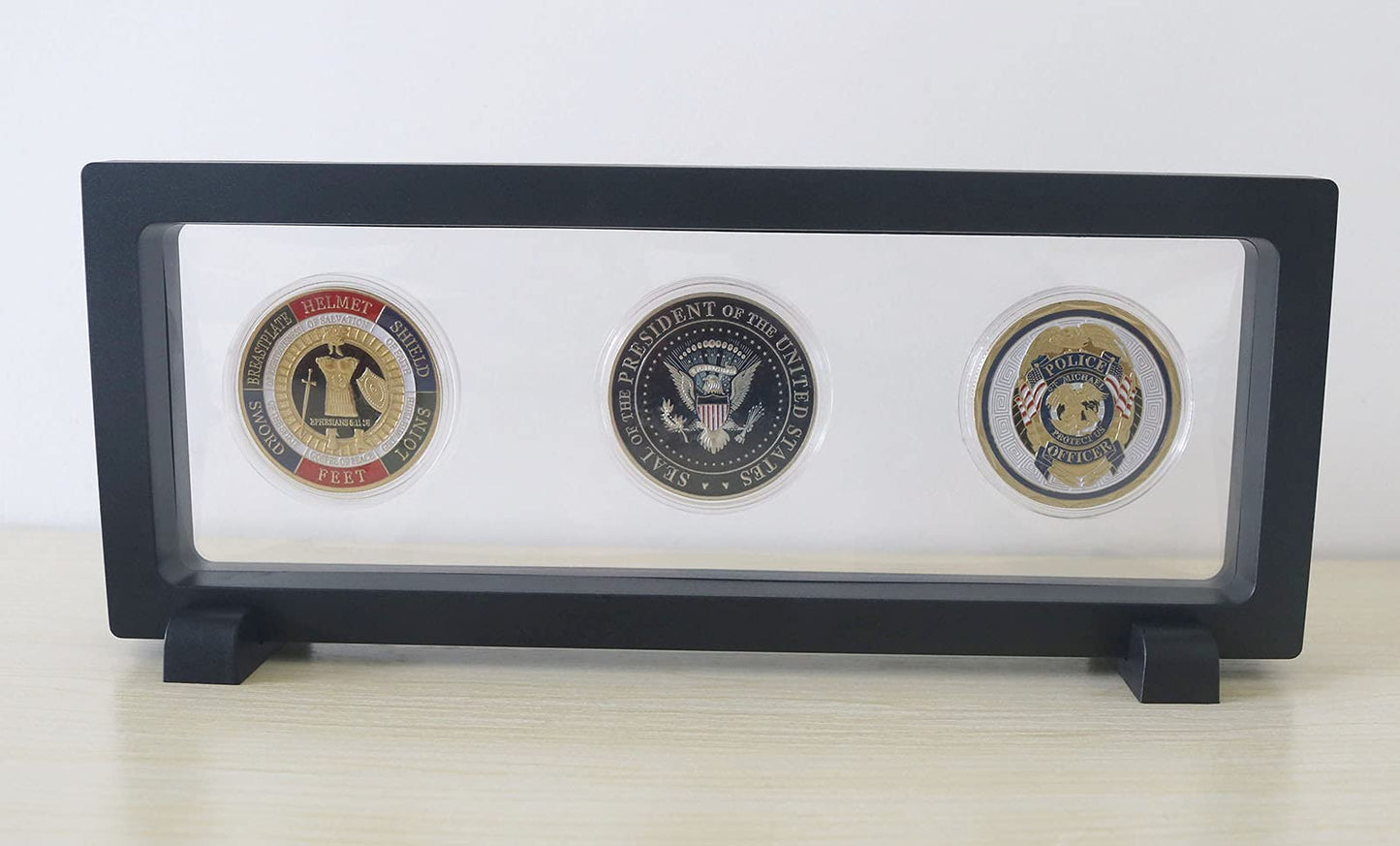 Coin Display Frame, Clear 3D Floating Holder Box Case for Challenge Coins, Medals, Specimens, Jewelry, 9 Inch, Black, Rectangle