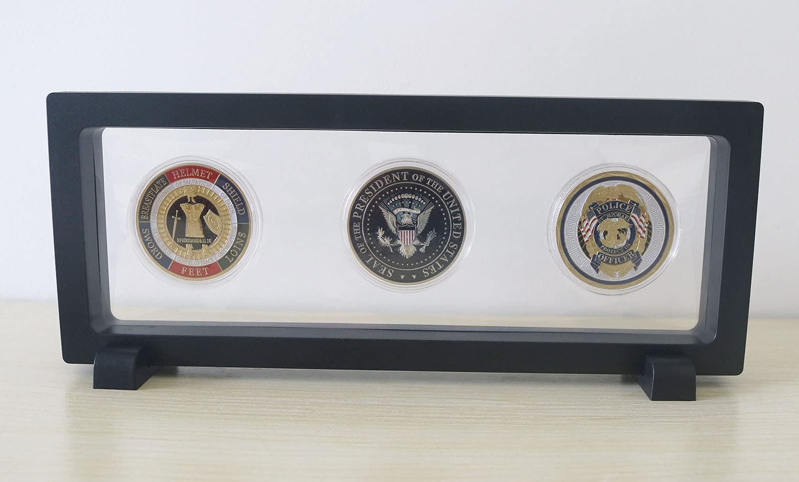 Coin Display Frame, Clear 3D Floating Holder Box Case for Challenge Coins, Medals, Specimens, Jewelry, 9 Inch, Black, Rectangle