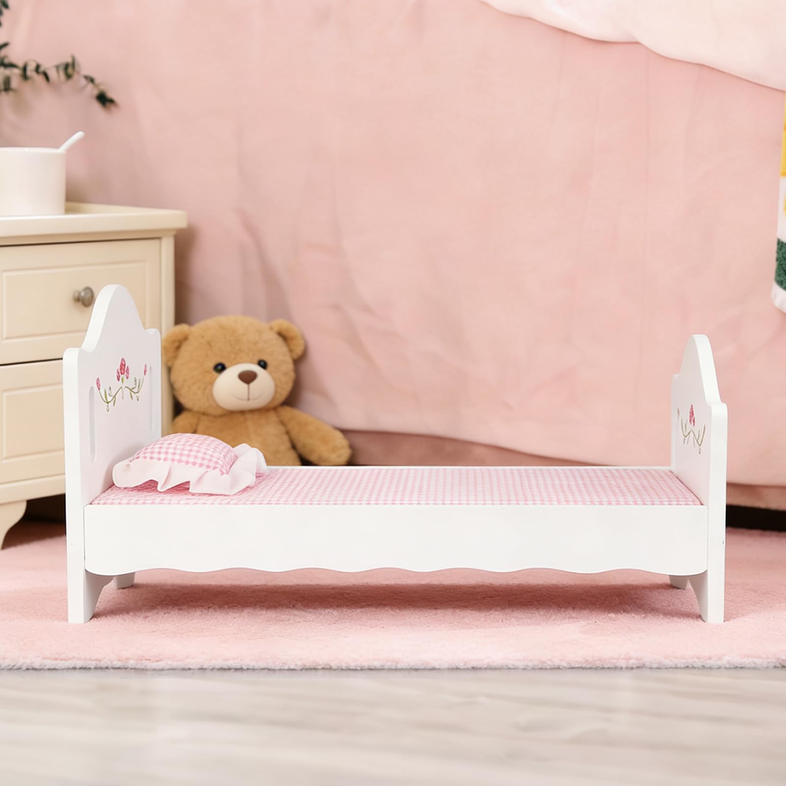 PHOKID Wooden Baby Doll Crib Set, Baby Doll Bed Toys for 18 Inch Dolls, with Bedding and Canopy, Baby Doll Furniture Accessories