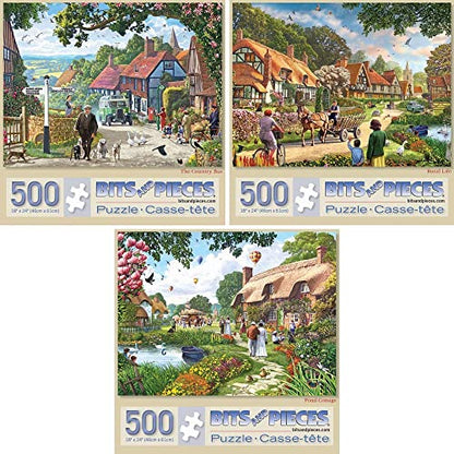 Bits and Pieces - Value Set of Three Large 300 Piece Jigsaw Puzzles for Adults - Village Life Jigsaw Puzzles by Artist Steve Crisp, Completed Puzzle