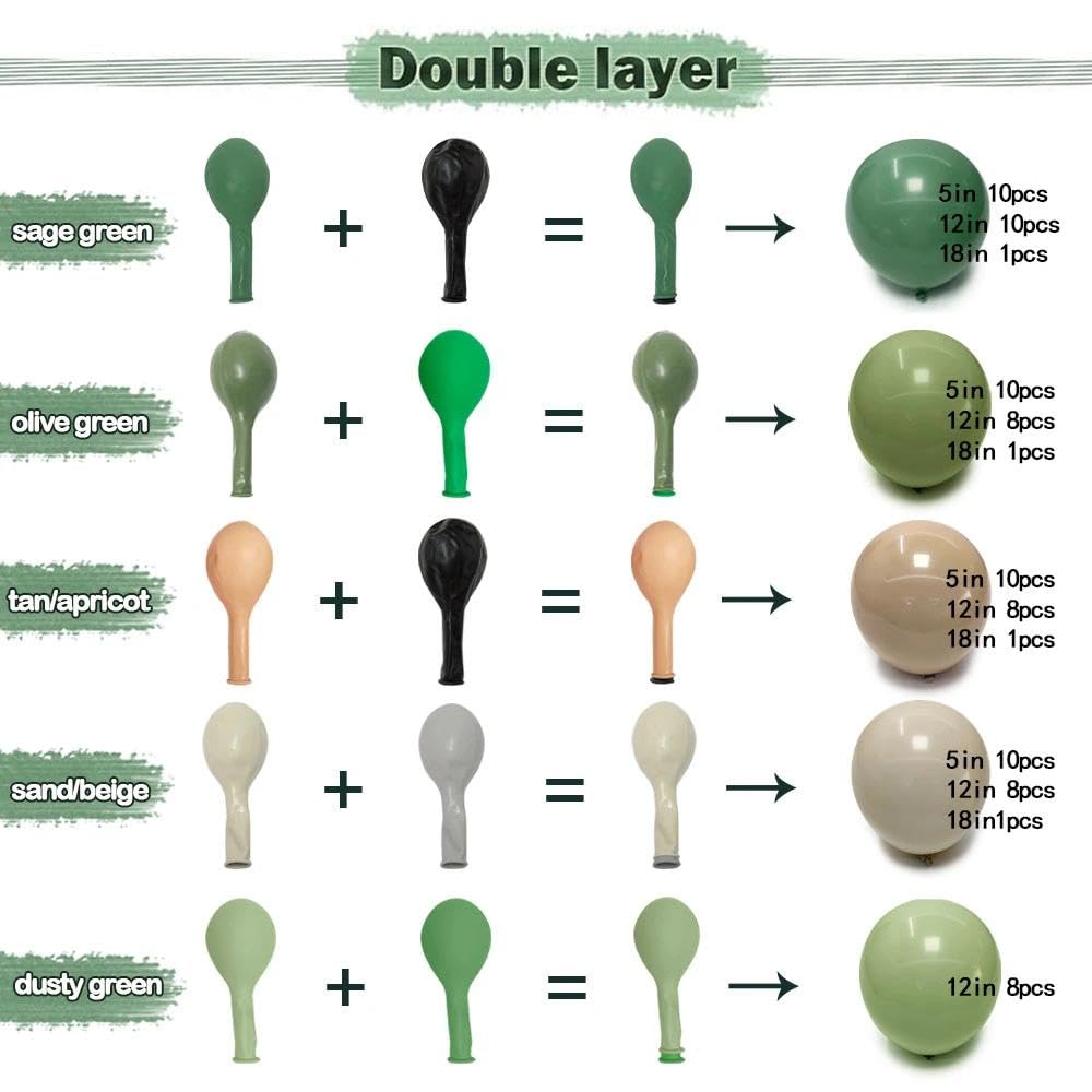 Sage Green Brown Balloon Arch Kit Double Stuffed Dusty Olive Green Tan White Sand Apricot Latex Balloon Garland for Neutral Baby Shower Safari