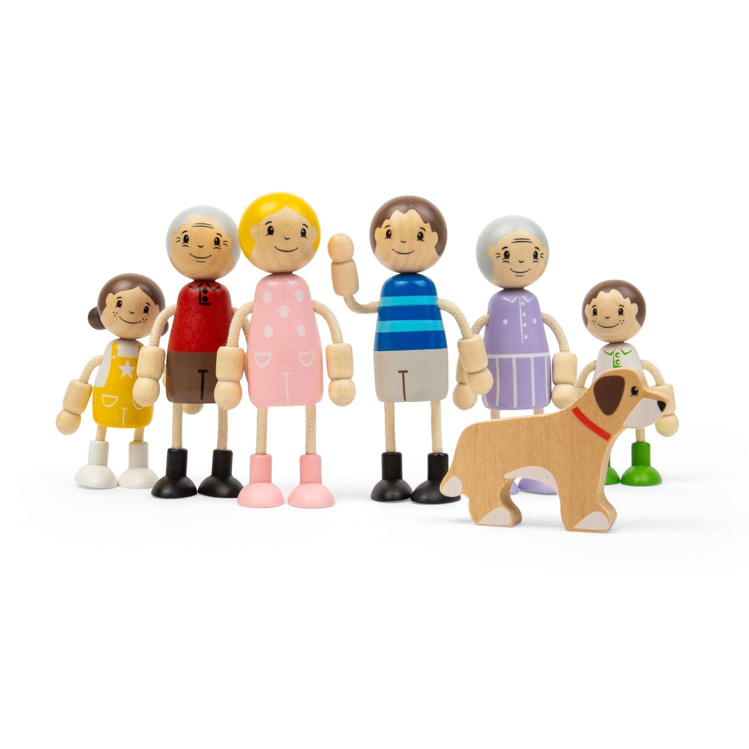 Bigjigs Toys Generational Family Dolls Set of 7 Wooden Dolls House, Small Toy Families, Children, Parents, Grandparents & Dog Figures for Dollhouse