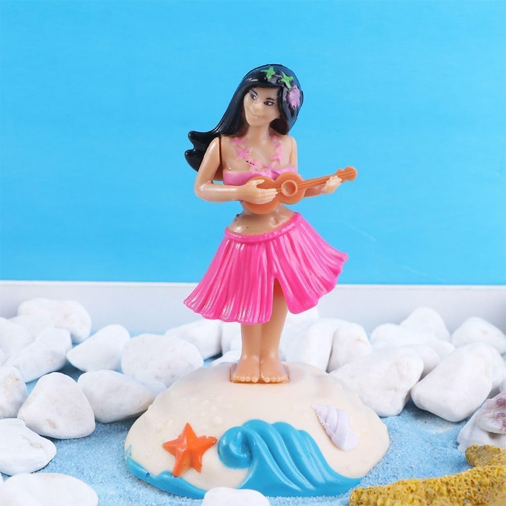 Pink Solar Powered Dancing Hawaiian Girl with Grass Skirt - Swinging Head Doll for Car Dashboard and Desktop Ornaments, Decorations