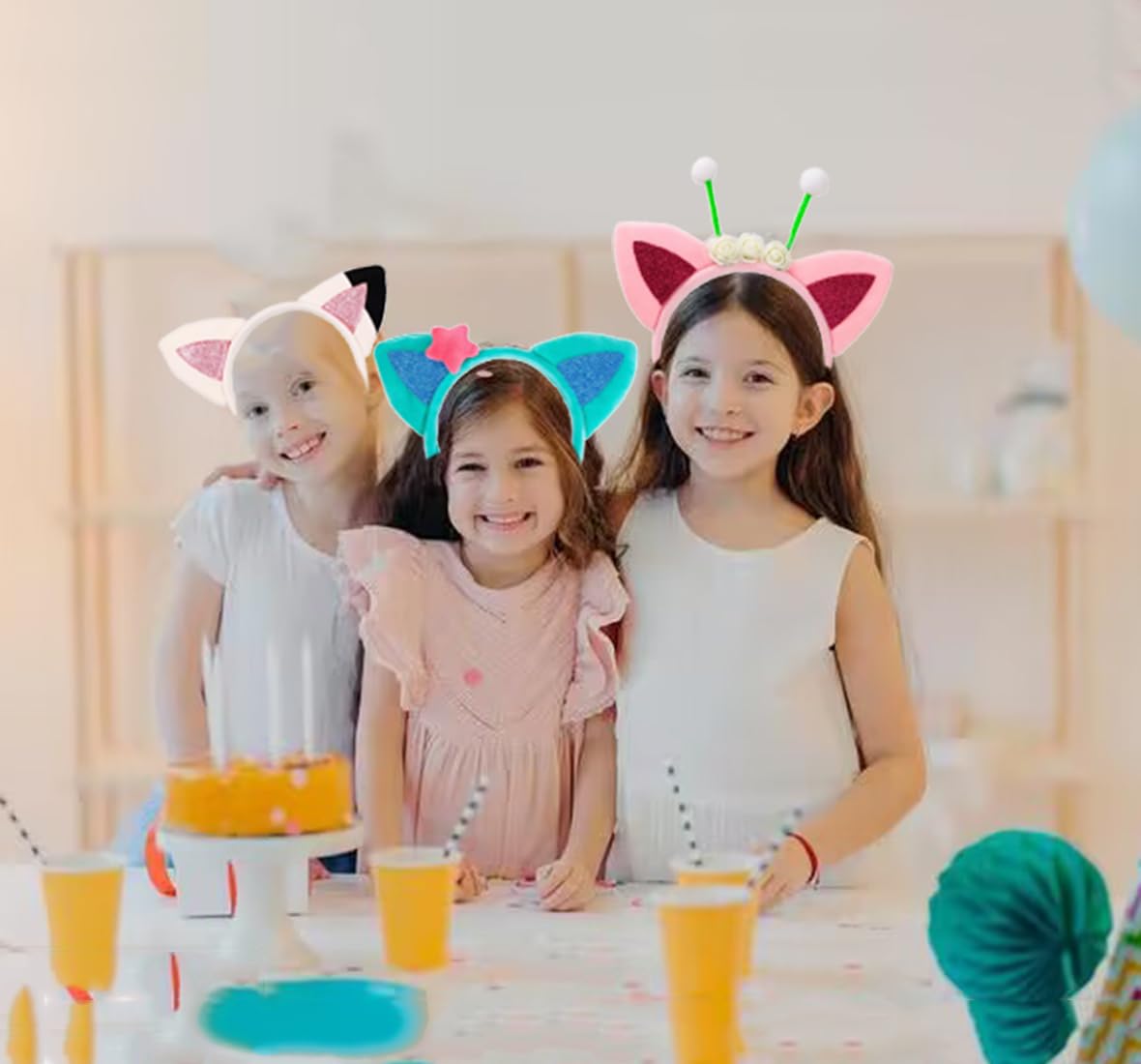Atvscay 4pcs Plush Cat Ears Headbands, Dollhouse Birthday Party Accessories, Glitter Cartoon Kitty Headwear For Girls Halloween Supplies (4PCS Plush)