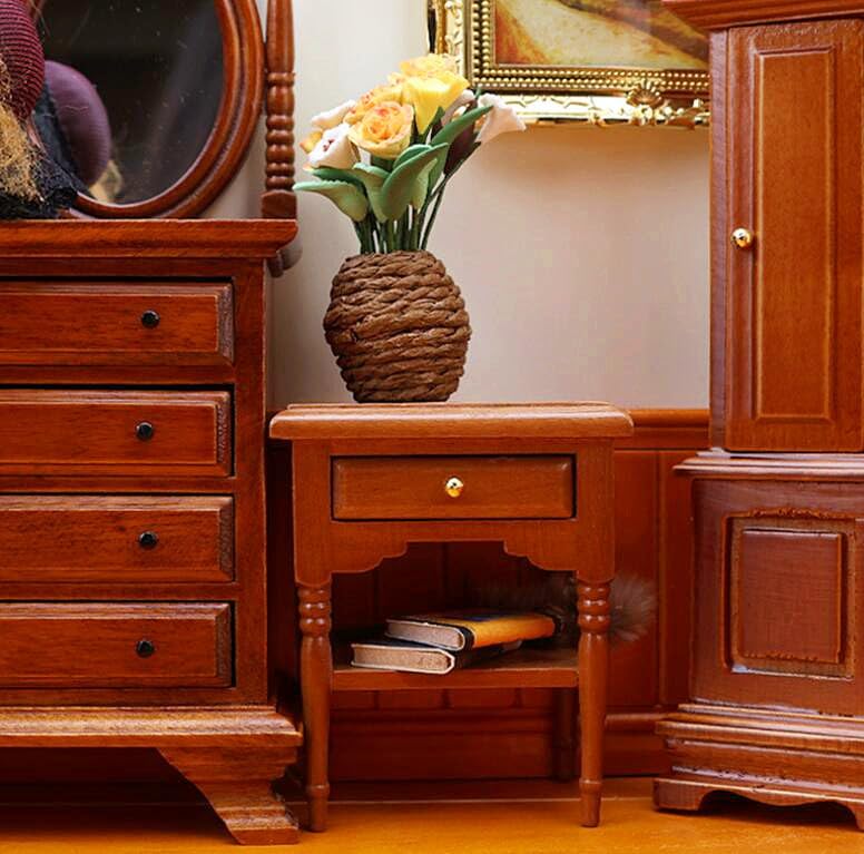 EatingBiting 1:12 1/12 Scale Miniature Wooden Furniture Dollhouse Closet Wardrobe Cabinet Bedside Table Nightstand Figurines for Acessories Coffe