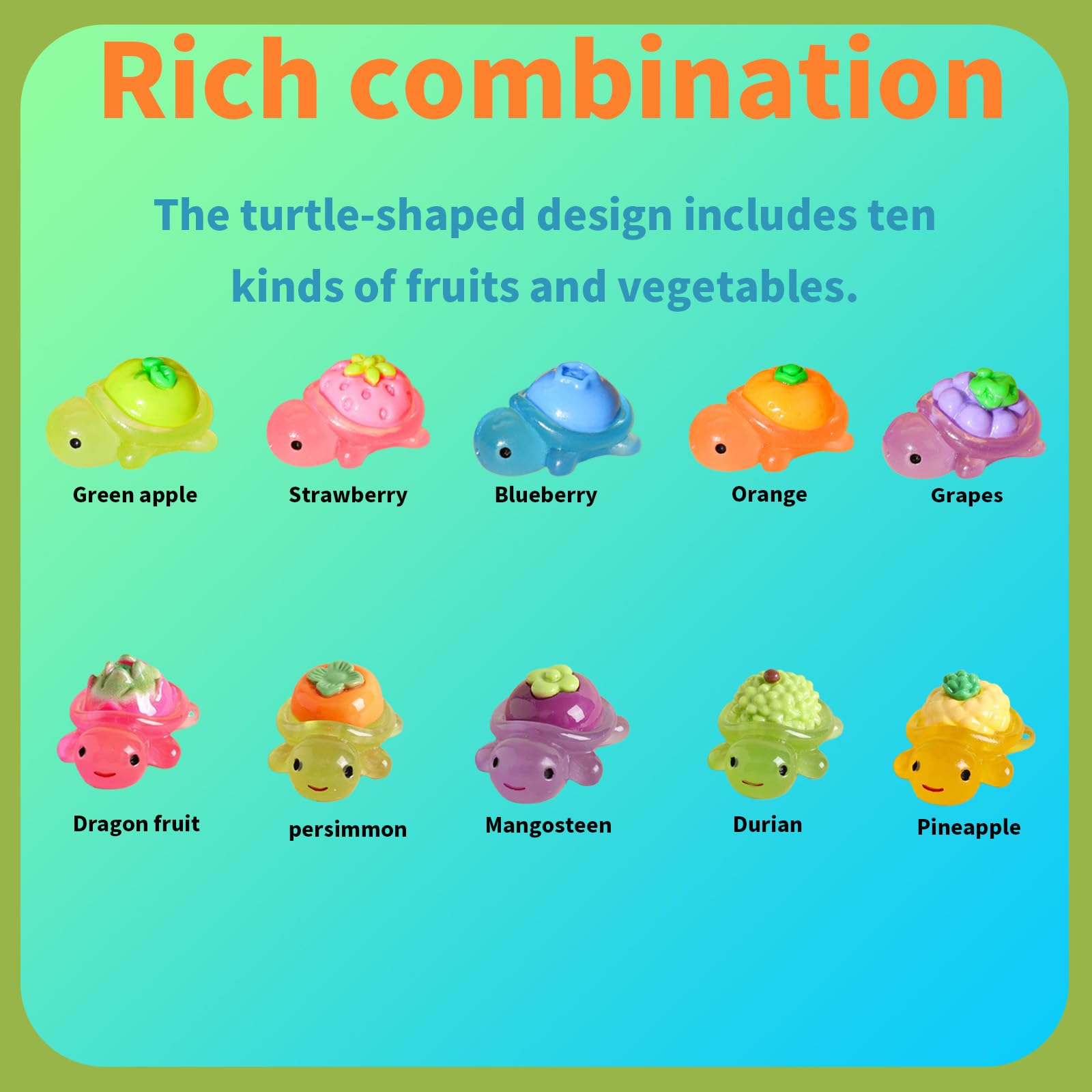50 Pcs Small Bulk Mini Resin Turtles, Glow-in-The-Dark Fairy Garden Accessories with Fruit Designs, Ocean Theme Collection for Miniature Scenes, 10