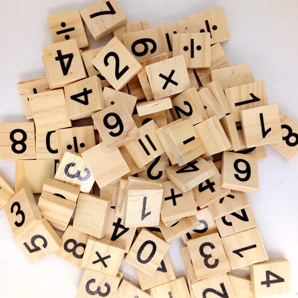 Vos Risus 100 PCS Wood Scrabble Tiles Numbers and Symbols for Crafts - DIY Wood Gift Decoration-Child Education Mathematical Calculation