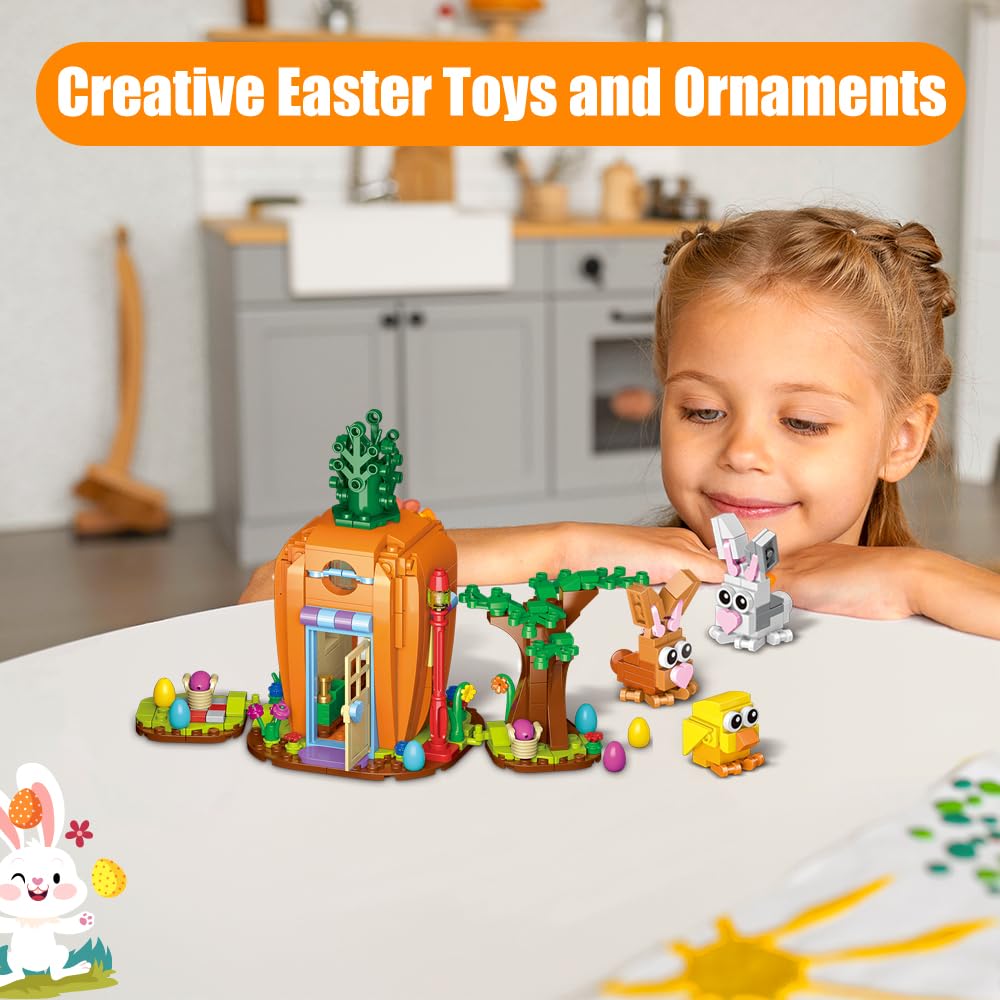 Jarsant Easter Bunny Carrot House Building Set, 2 Rabbits, Chick, Colorful Easter Egg and Basket Toy, Building Blocks Kit Ornaments Gift for Boys