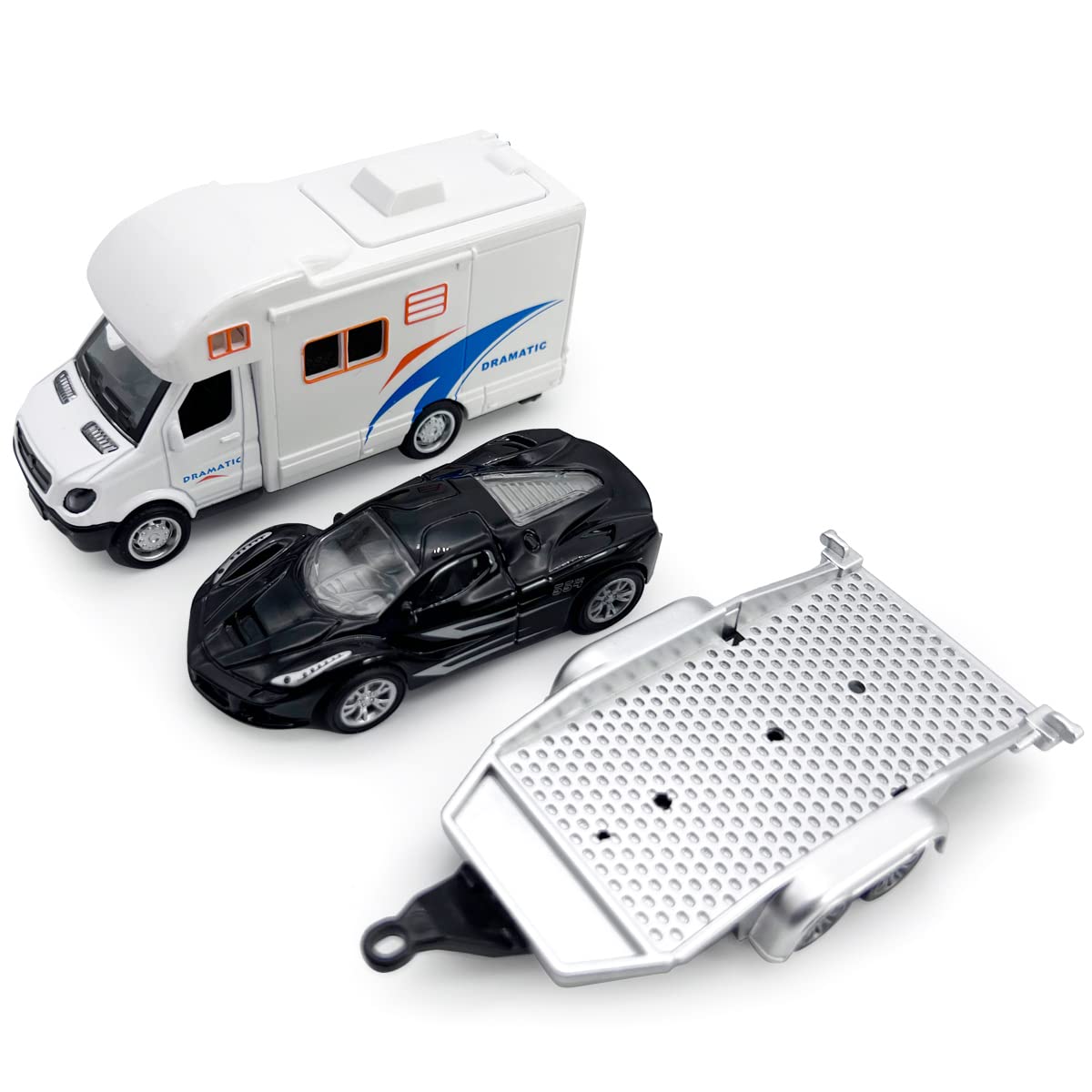 Toy Camper RV Trailer Towing Supercar Sports Model Car Diecast Motorhome Toys for Boys Pull Back Toy Cars, Beach Sandbox Outdoor Adventure Play Set, 3