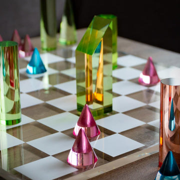 Trademark Games Modern Chess Set - Acrylic Chess Board with 32 Colorful Game Pieces - Unique Tabletop Decor Item with Functional Gameplay