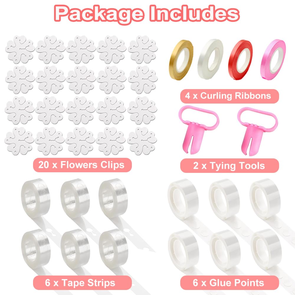 38-in-1 Balloon Arch Garland Kit, 6 Rolls 98ft Tape Strips, 6 Rolls 600 Glue Dots, 20 Flower Clips, 4 Ribbons and 2 Tie Tools for Birthday Wedding