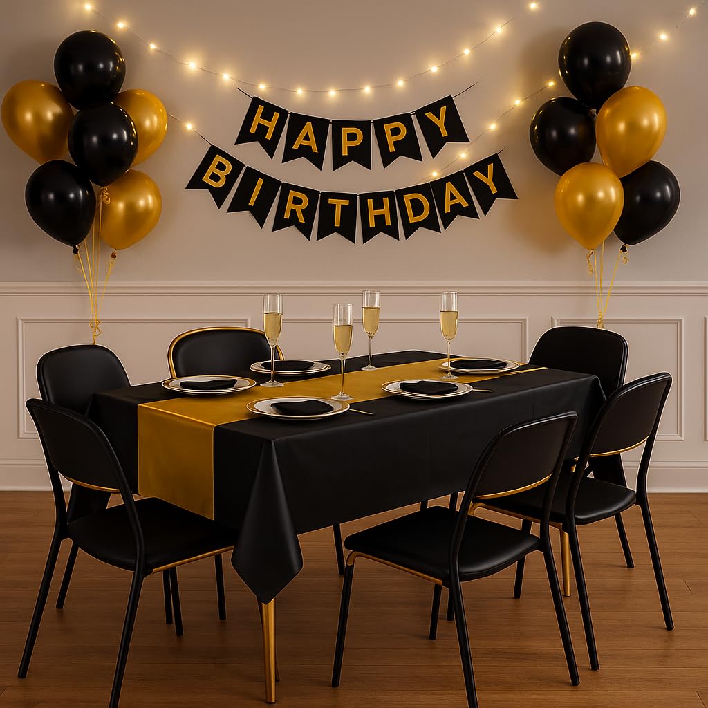 Oojami Black and Gold Plastic Tablecloths Disposable, 6 Pack - 54 x 108 in Waterproof Rectangle Table Covers for 8 Foot Tables, Manteles de Mesa de