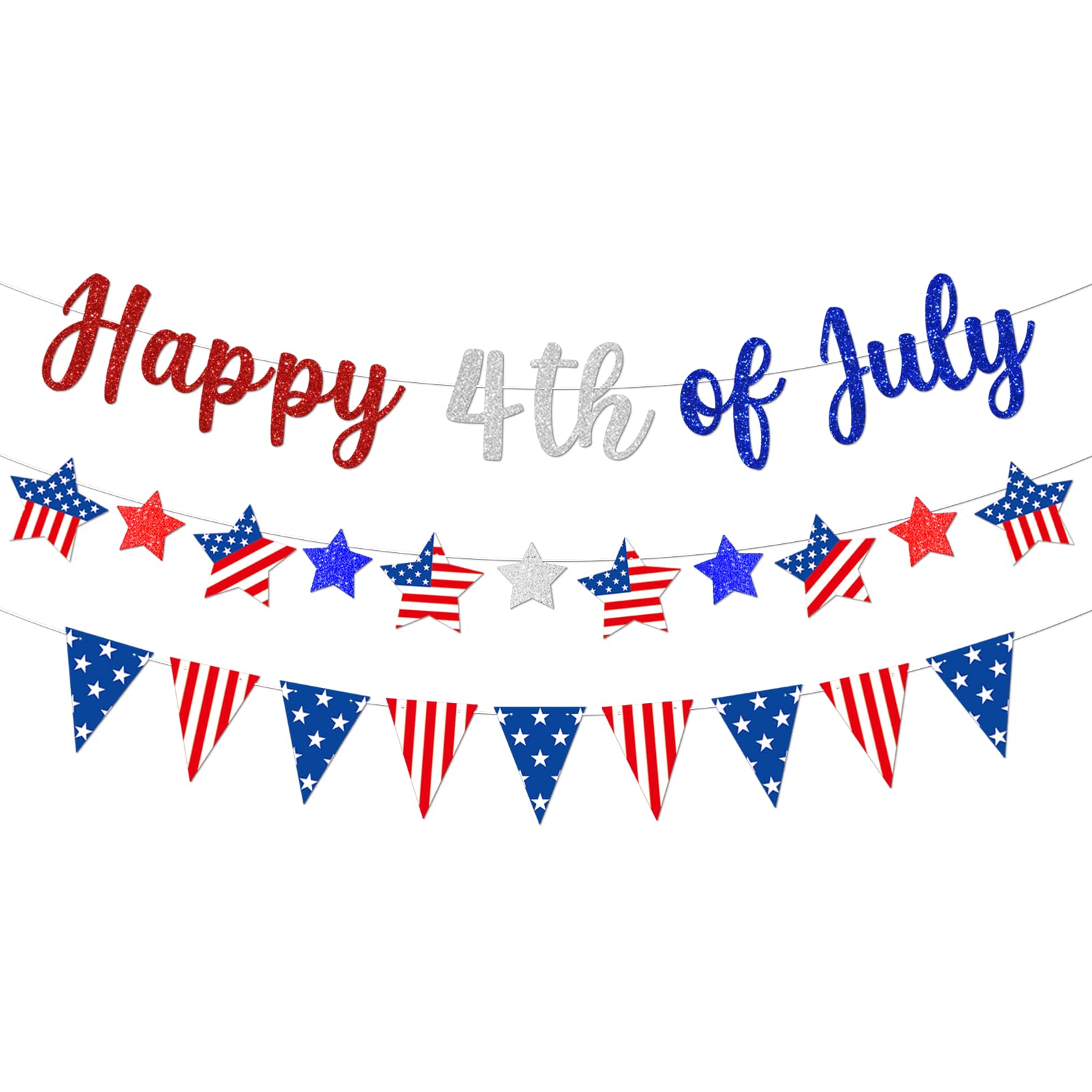 Happy 4th of July Patriotic Banner Garland, Pre-Strung Cardboard Stars and Pennants, Red White Blue USA Flag Stars and Stripes for Independence Day