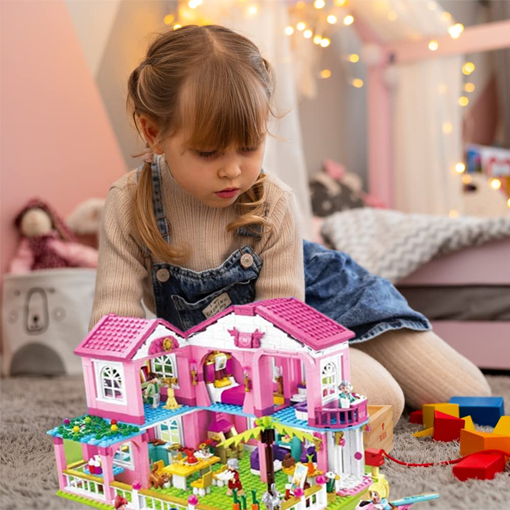 SlubanKids Girls Dream Villa Building Sets for Kids, Colorful 3D 896 Pc Stackable Toys, DIY Villa Building Creative Play, Includes People, DIY Design