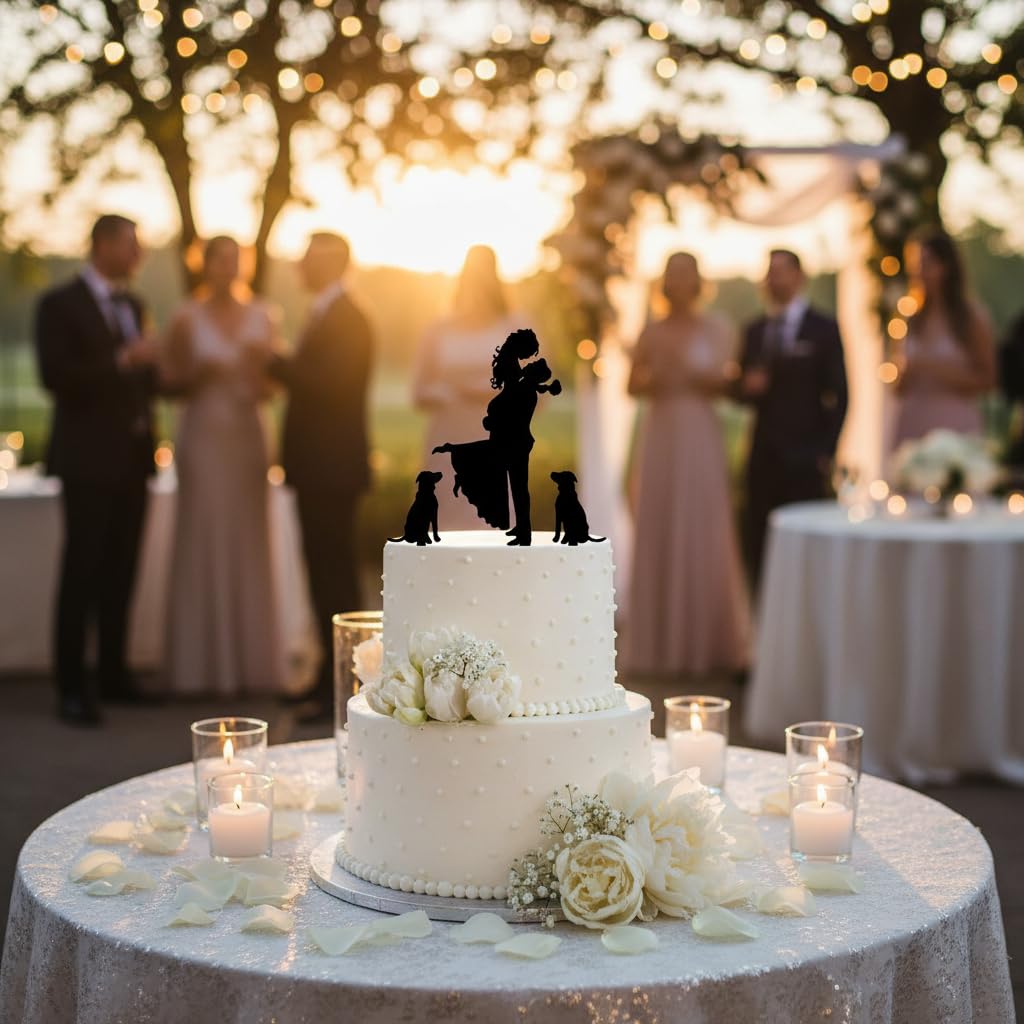 Wedding Cake Topper - Bride Hold Groom with Flowers Besides 2 Pet Dogs Silhouette Cake Decoration (Black)