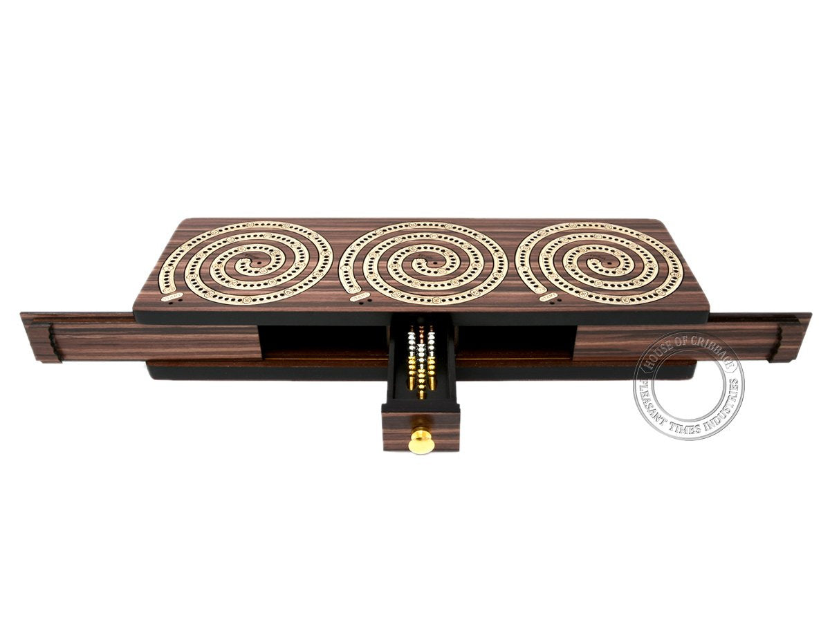 House of Cribbage - 3 Track - Spiral Design Continuous Cribbage Board/Box Inlaid in Rosewood/Maple Wood - Separate Storage Space for Two Deck of Cards