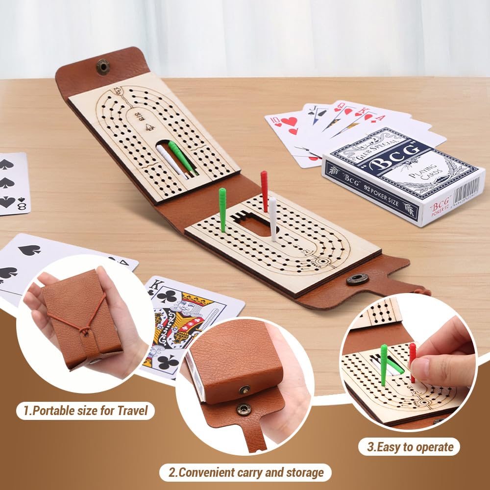 BEHEGTYE Foldable Travel Cribbage Board Game Set, Leather Cribbage Board Set - 6 Pegs, 1 Playing Card and Instruction, Portable Travel Cribbage Board