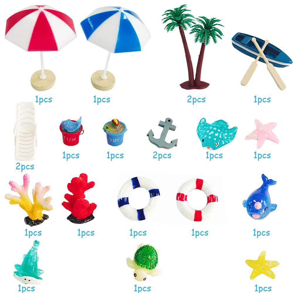 21 Pieces Beach Cake Toppers Hawaiian Chair Boat Palm Tree Umbrella Dollhouse Decoration Miniature Ornament Kits Set for Swimming Pool Summer Beach
