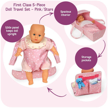 Badger Basket First Class 5-Piece Doll Travel Set for 18-Inch Dolls - Includes Travel Bed, Carrier, Reversible Blanket, and Accessories in Pink Stars