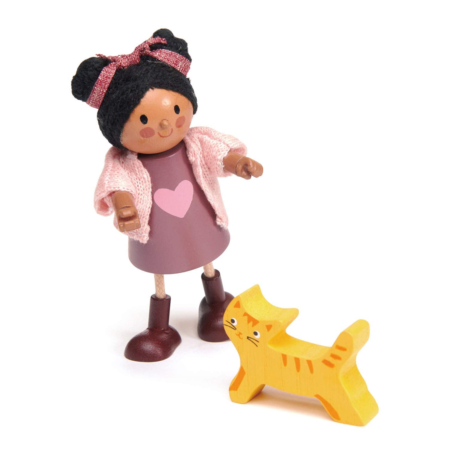 Tender Leaf Toys - Ayana and Her Cat - Wooden Miniatures Flexible Doll, Multicultural Action Figure for Dollhouse - Encourage Creative and Imaginative