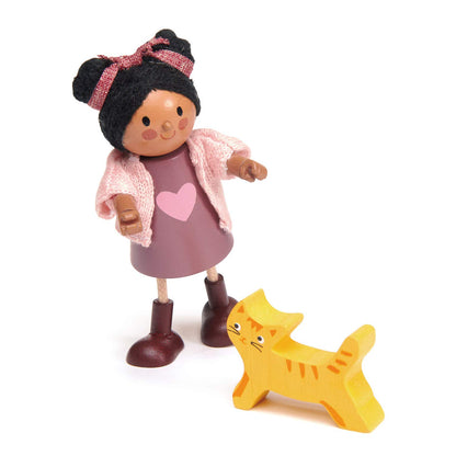 Tender Leaf Toys - Ayana and Her Cat - Wooden Miniatures Flexible Doll, Multicultural Action Figure for Dollhouse - Encourage Creative and Imaginative