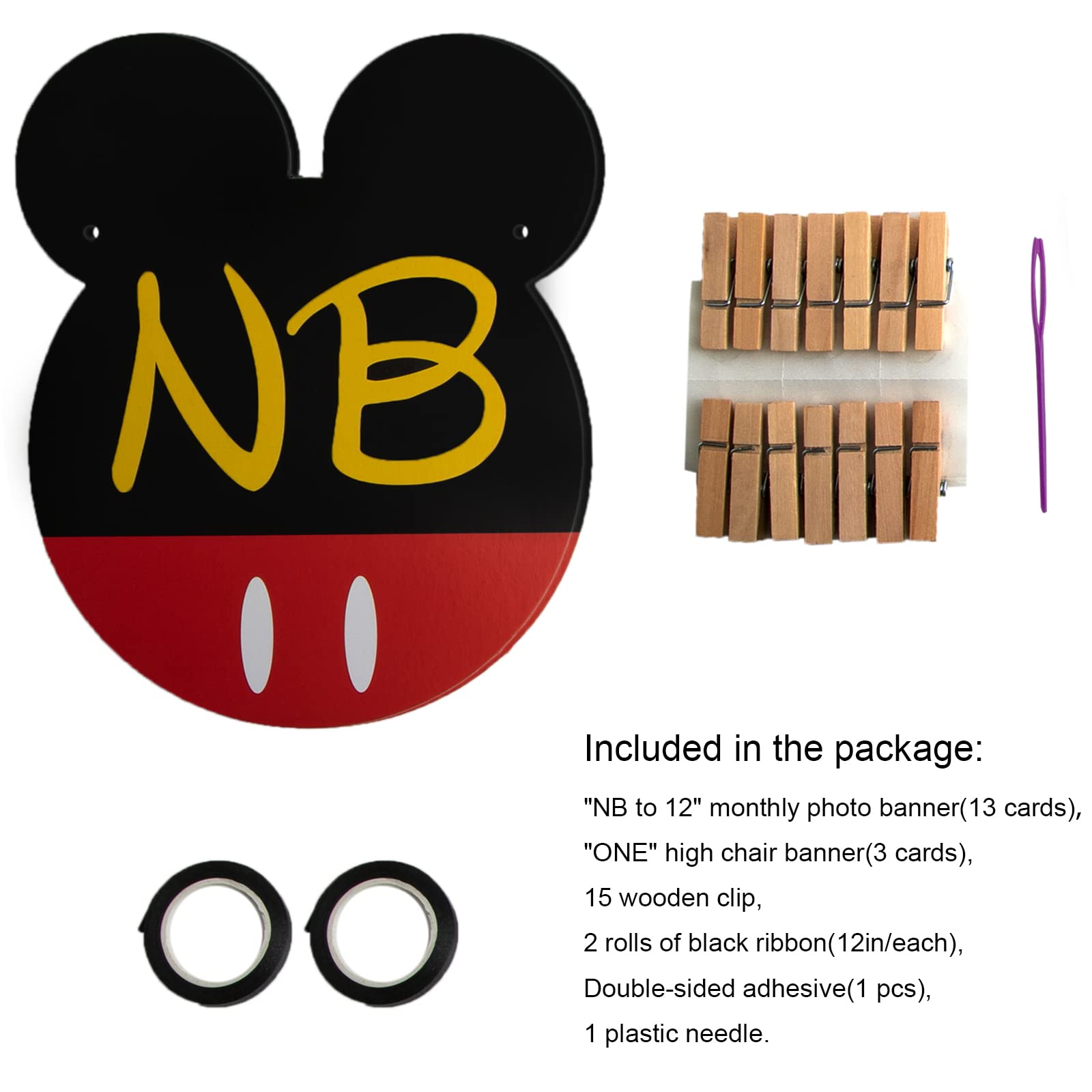 CHuangQi Mouse Themed Birthday Party Photo Banner & “ONE” High Chair Banner, NB to 12 Month Photo Banner, 1st Birthday Supplies, Baby Shower
