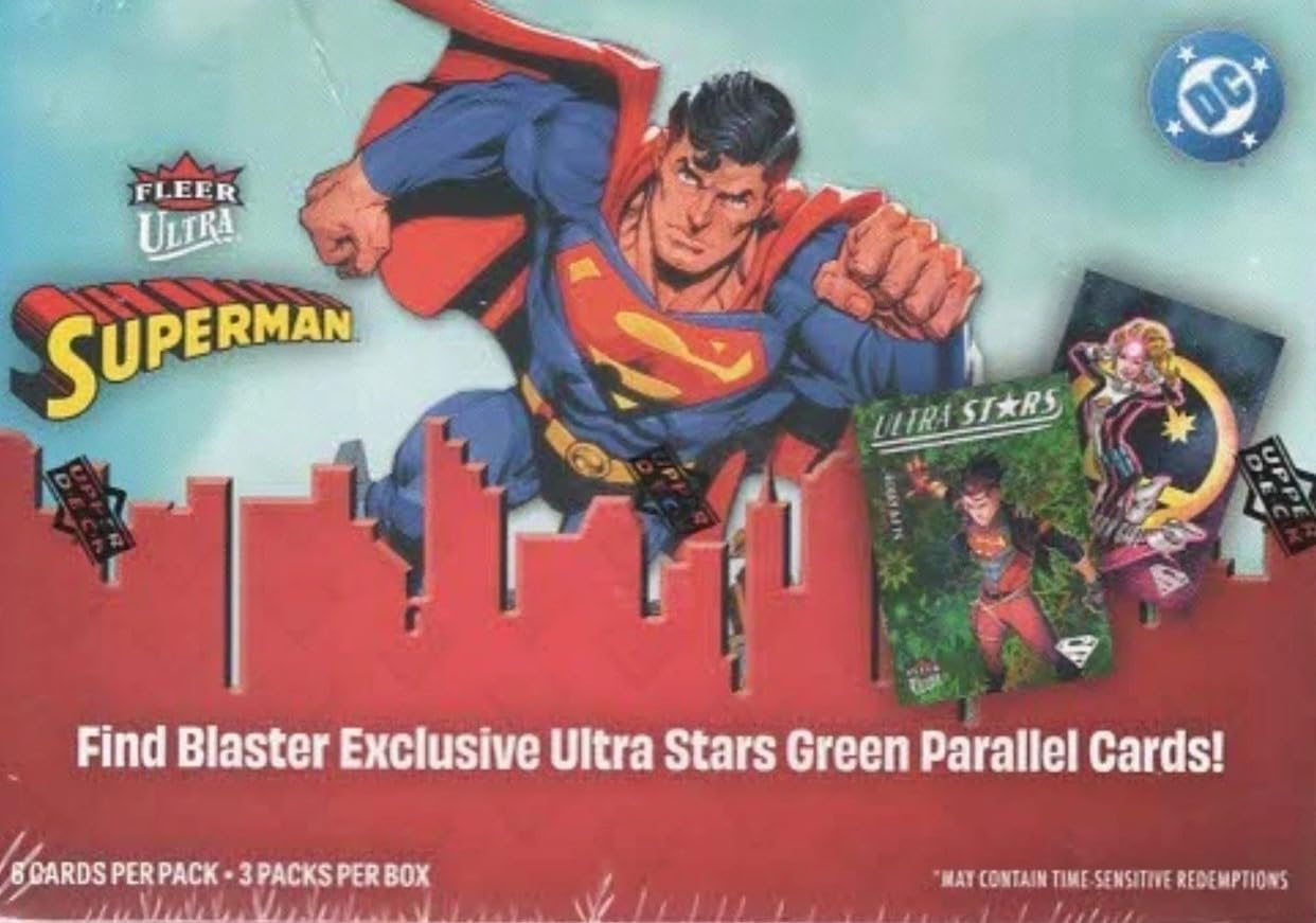 2026 Upper Deck Fleer Ultra Superman Factory Sealed Blaster Box with Chance for Blaster Exclusive Ultra Stars Green Parallels and Other Inserts