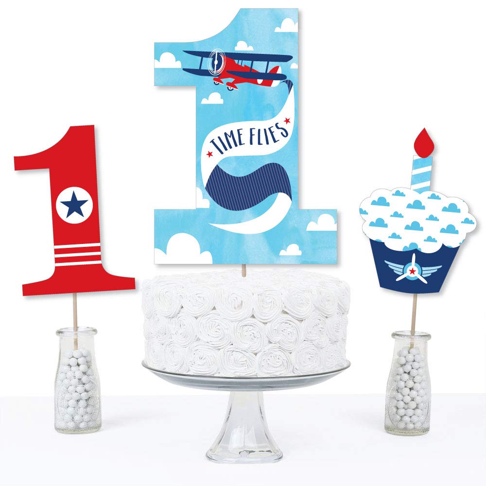 Big Dot of Happiness 1st Birthday Taking Flight - Airplane - Vintage Plane First Birthday Party Centerpiece Sticks - Table Toppers - Set of 15