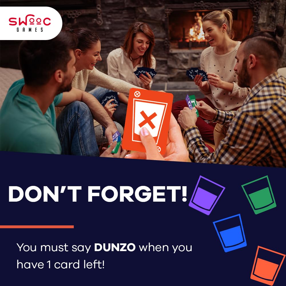 SWOOC DUNZO - Hydrating Version of Classic Card Game with 4 Unbreakable Glasses - Draw Two, Skip, Reverse, Get Loco - Fun Party Game & Funny Gifts