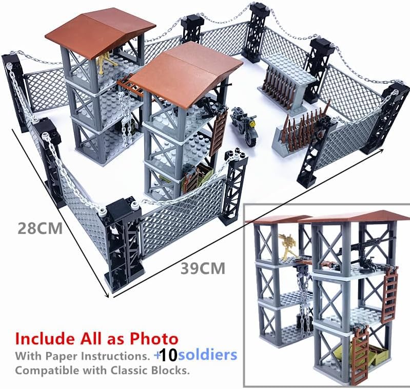 ELEFOCUS Military Base Building Blocks Set,Ww2 Army Weapons Pack,Swat Gear Team,Watchtower,Custom Miniguns,Witch 10 Soldier Figures