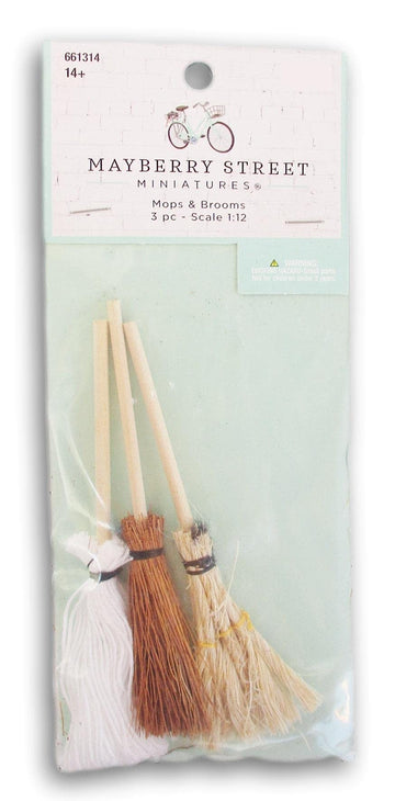 Dollhouse and Craft Miniatures - Mop and Brooms - 3 Count - Scale 1:12